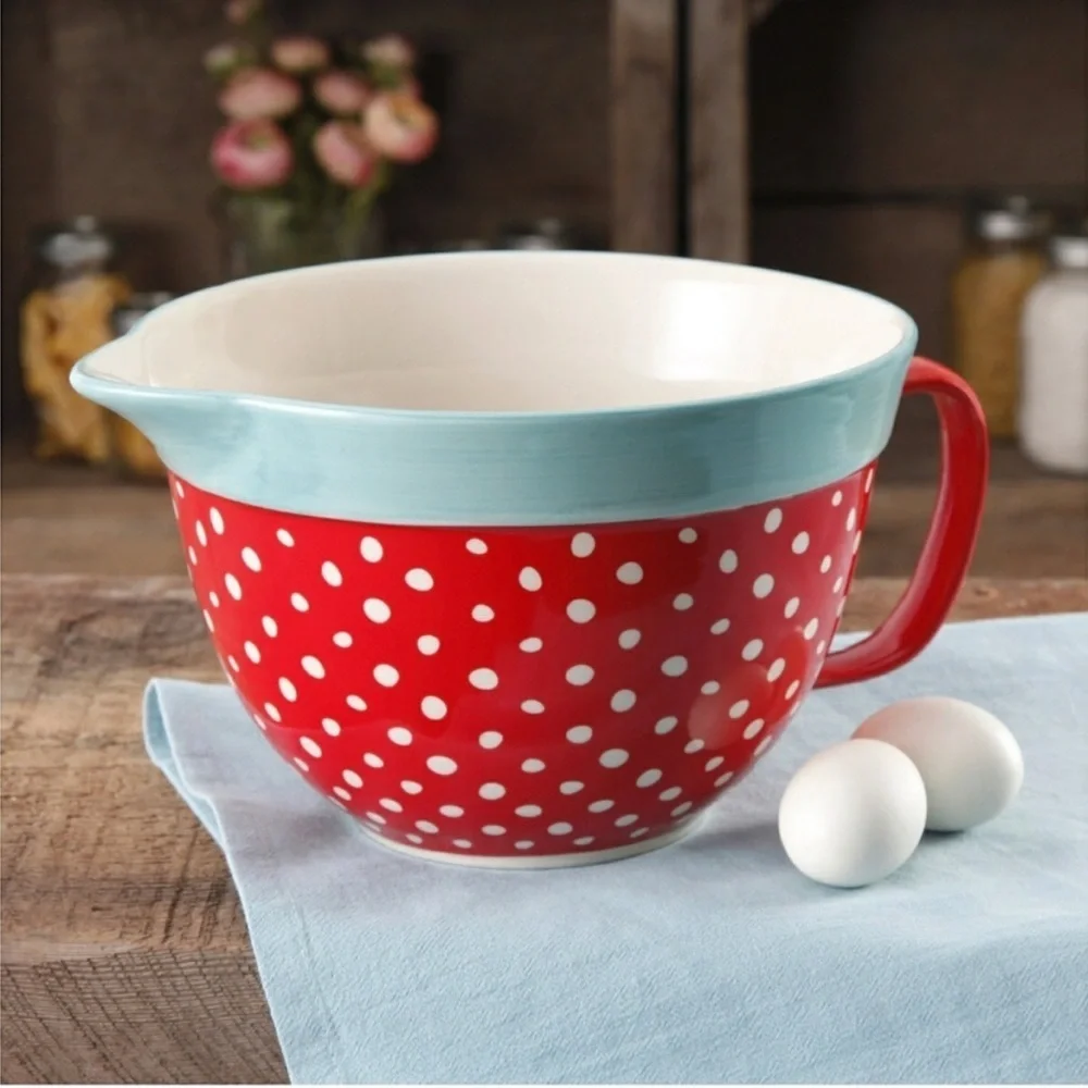 The Pioneer Woman Red and white Polka Dot Mixing Bowl with teal band around it